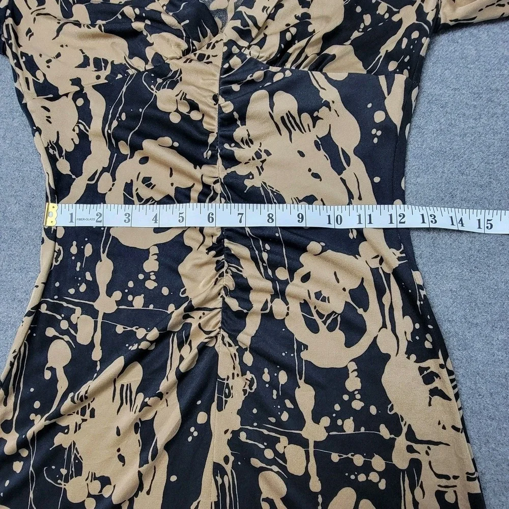 Trina Turk 100% Silk Dress Size 2 Black Tan Abstract Print Ruched Front Midi USA